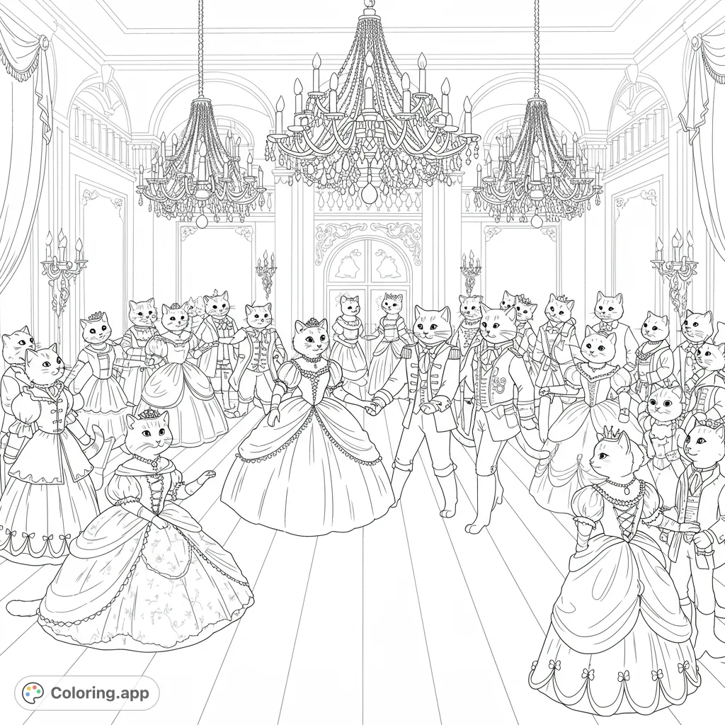 An elegant regal feline ball coloring page featuring cats in elaborate historical attire dancing in a grand ballroom with ornate chandeliers.