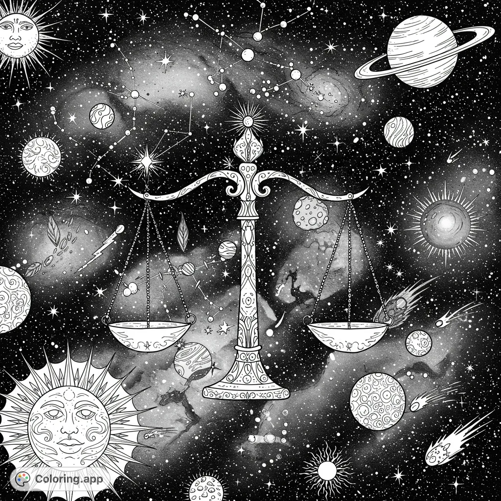 Explore a detailed Libra coloring page set against a cosmic backdrop, featuring all Zodiac symbols hidden among stars and planets. A celestial seek and find adventure.