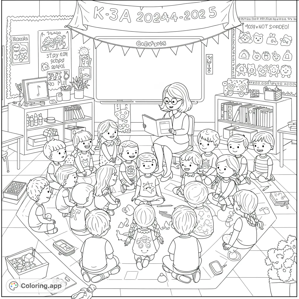 A heartwarming classroom scene with a teacher reading to attentive children, surrounded by school supplies and decorations. Perfect for young learners!