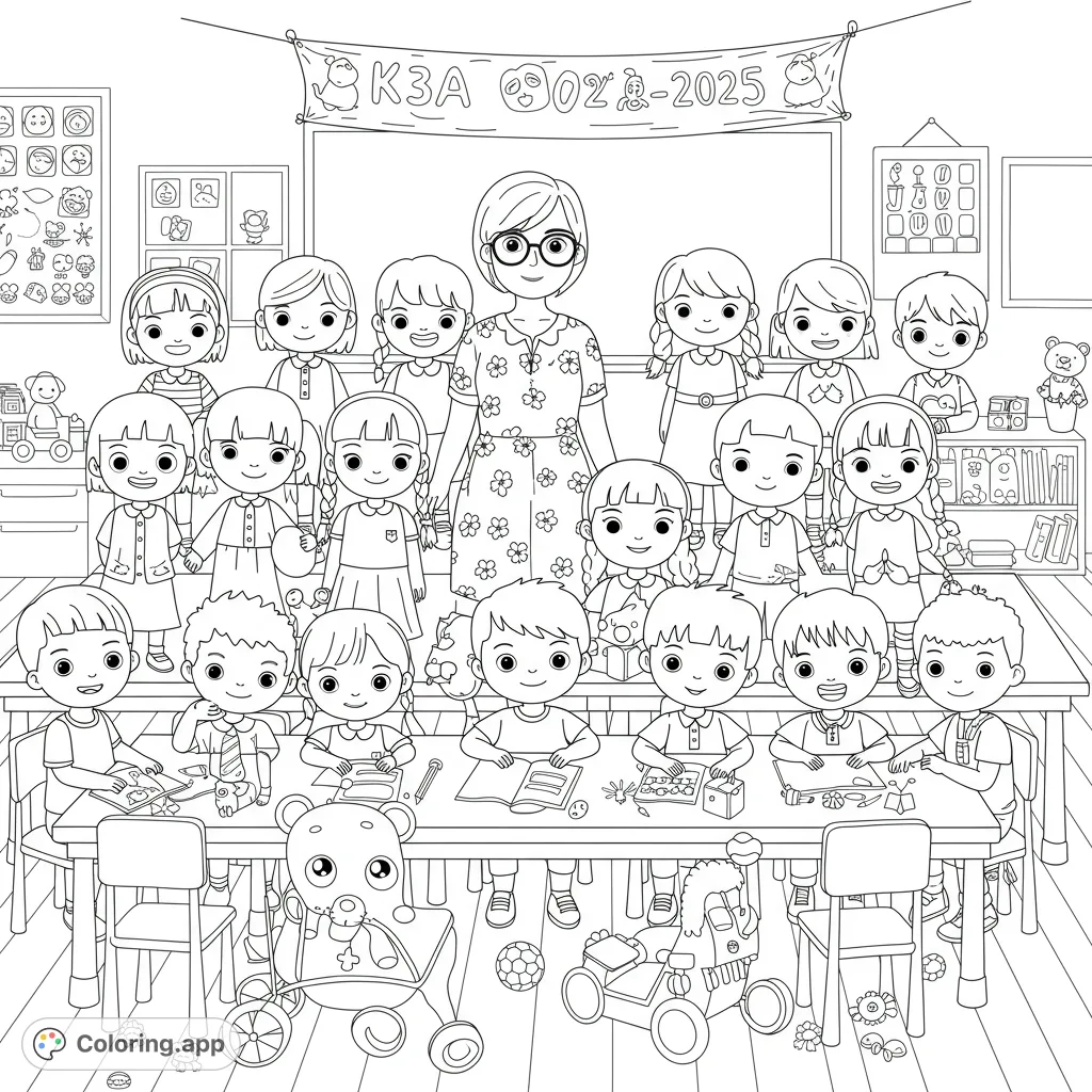 A delightful classroom scene with a kind teacher and happy students engaged in various activities, perfect for a free printable coloring page.
