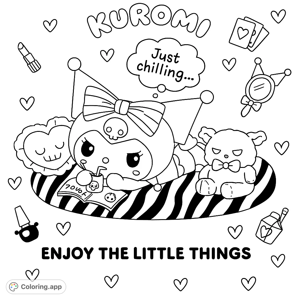 A cute Kuromi coloring page featuring the character relaxing on a striped pillow with a drink and book, surrounded by fun accessories and hearts.