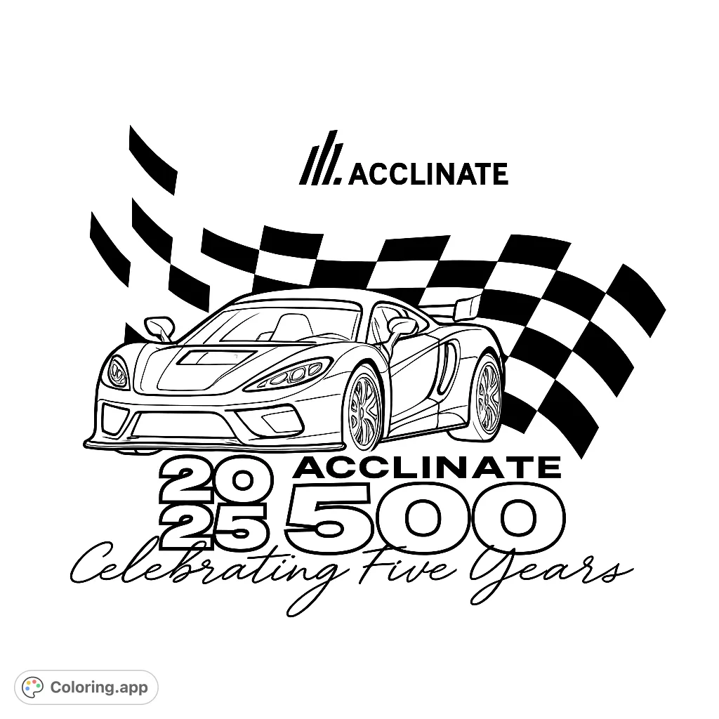 A thrilling sports car coloring page featuring a sleek vehicle against a dynamic checkered flag, perfect for speed enthusiasts and creative fun.