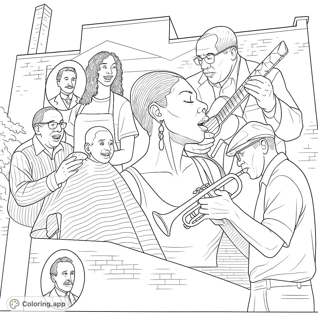 A vibrant community scene featuring diverse individuals: musicians, a barber, a chef, and historical figures, perfect for a free printable coloring page.
