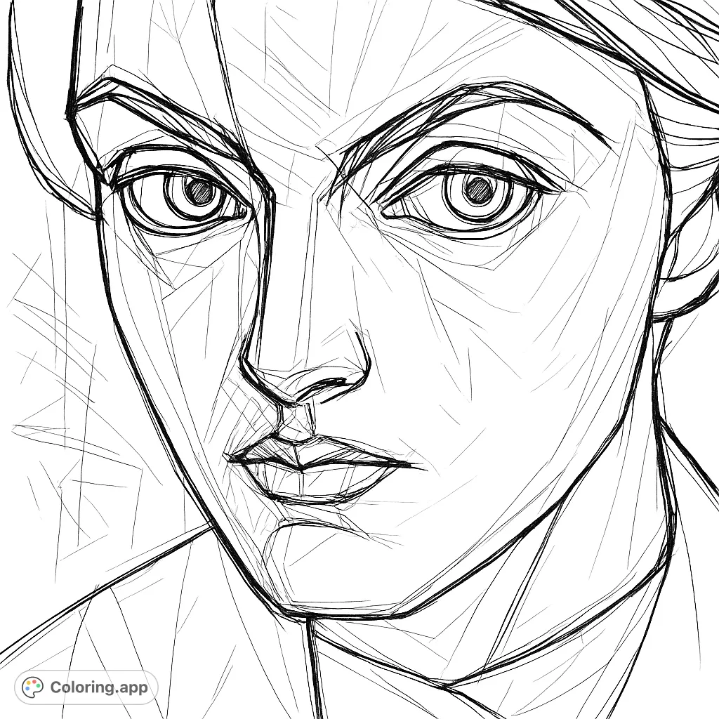 An expressive portrait highlighting a person's intense gaze and sculptural facial features. Explore dynamic shadows and abstract background shapes in this unique coloring page.