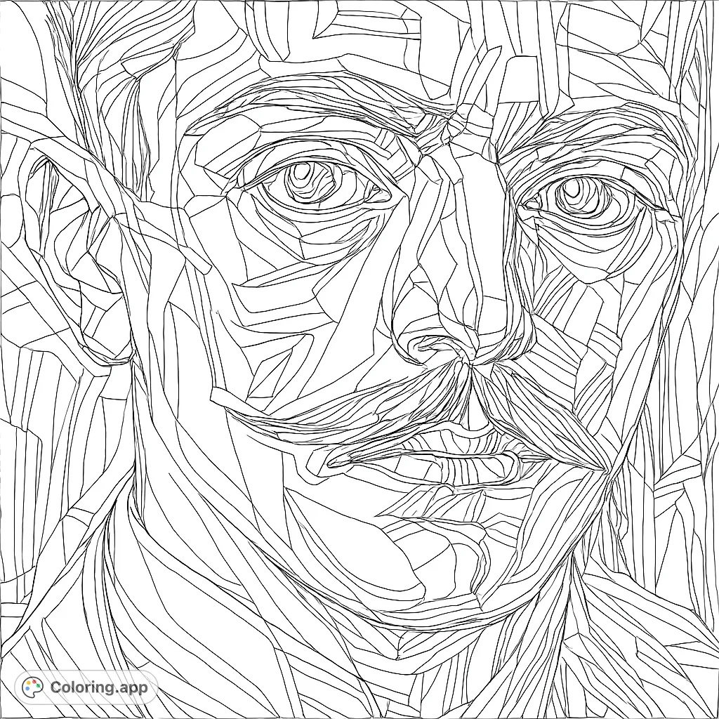 Color a distinguished portrait featuring a man with a striking mustache and intense gaze, rendered with a captivating, textured artistic style.