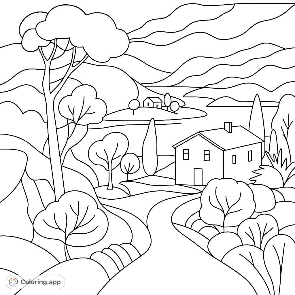 A charming countryside landscape coloring page featuring a house, winding road, and rolling hills, perfect for a relaxing coloring experience.