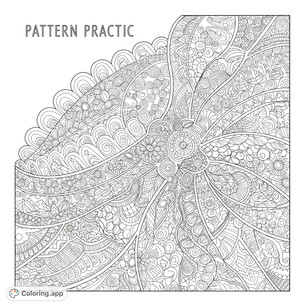 Dive into an intricate abstract pattern coloring page featuring a radiant central design and diverse organic and geometric motifs. A free printable coloring page for adults.