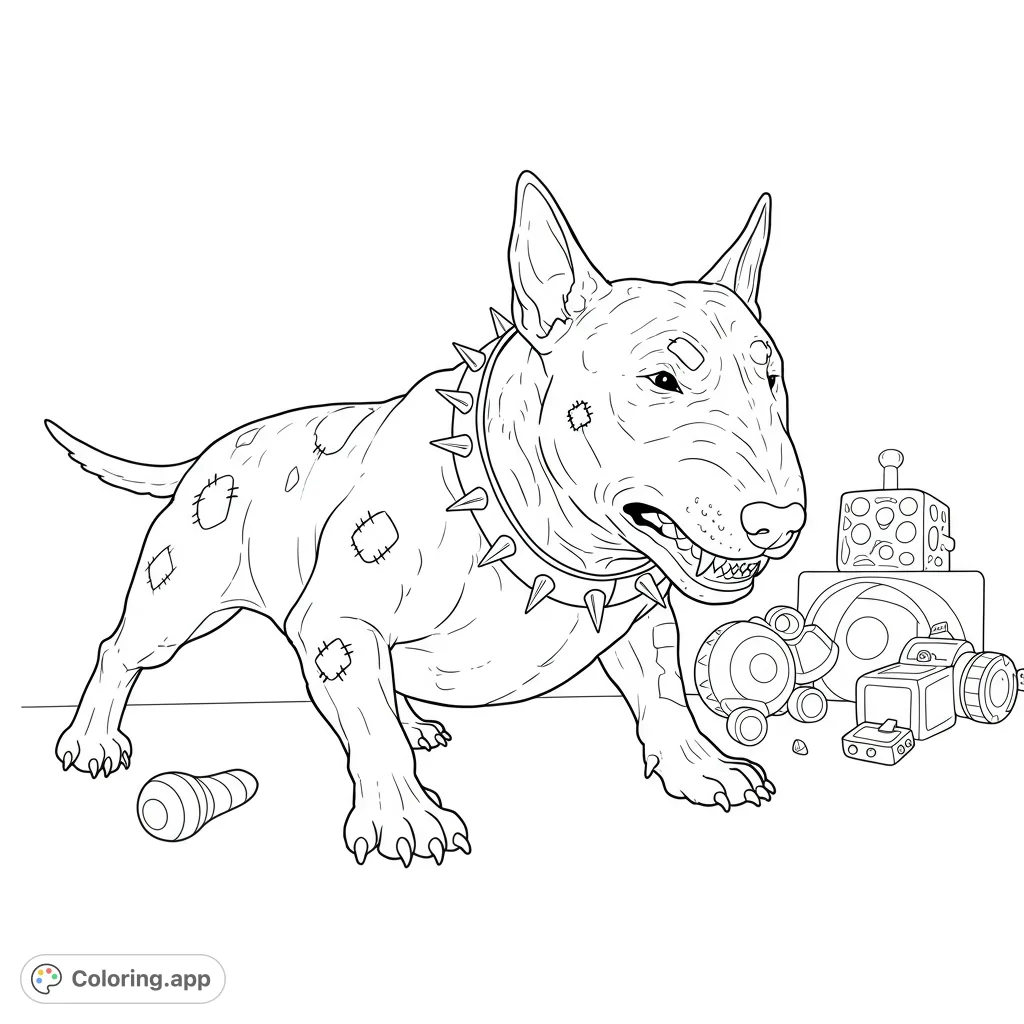 Capture the intense gaze of a powerful English Bull Terrier, Scud, snarling in a toy-strewn room. A detailed scene for dog lovers.