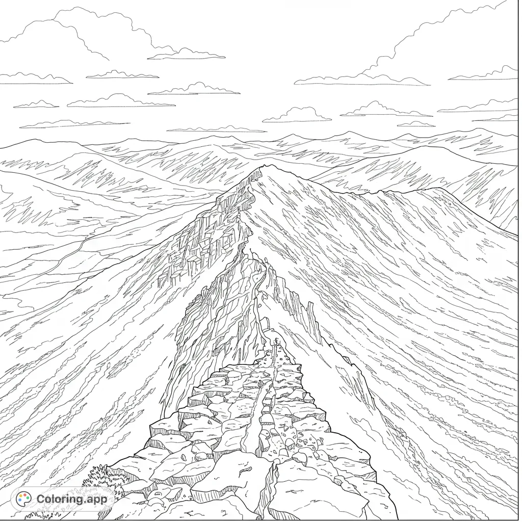 Explore the majestic Crib Goch ridge on Mount Snowdon, Wales. A detailed landscape featuring rugged rock formations and expansive mountain views, perfect for adult colorists.