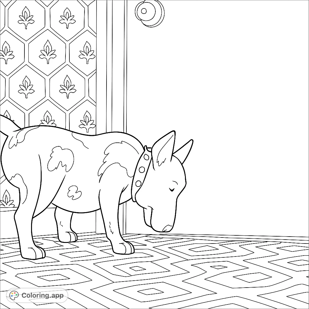 A curious bull terrier sniffs the floor in a room with patterned wallpaper and carpet. Perfect for dog lovers to color and bring to life!