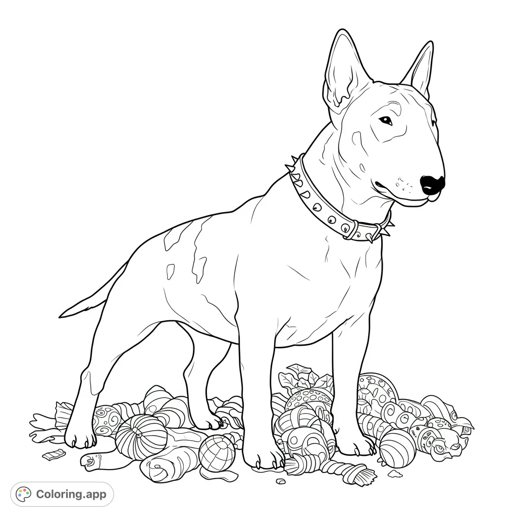 Color a formidable English bull terrier, alert and protective over a pile of scattered toys. Features distinct fur patches and a spiked collar.