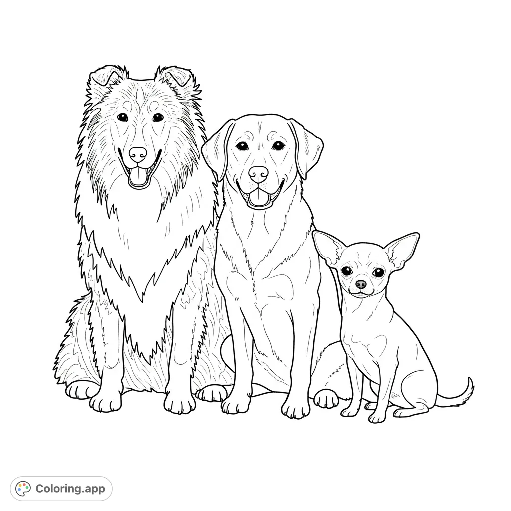 A delightful dog coloring page featuring a Collie, Labrador, and Chihuahua sitting together, perfect for animal lovers of all ages.