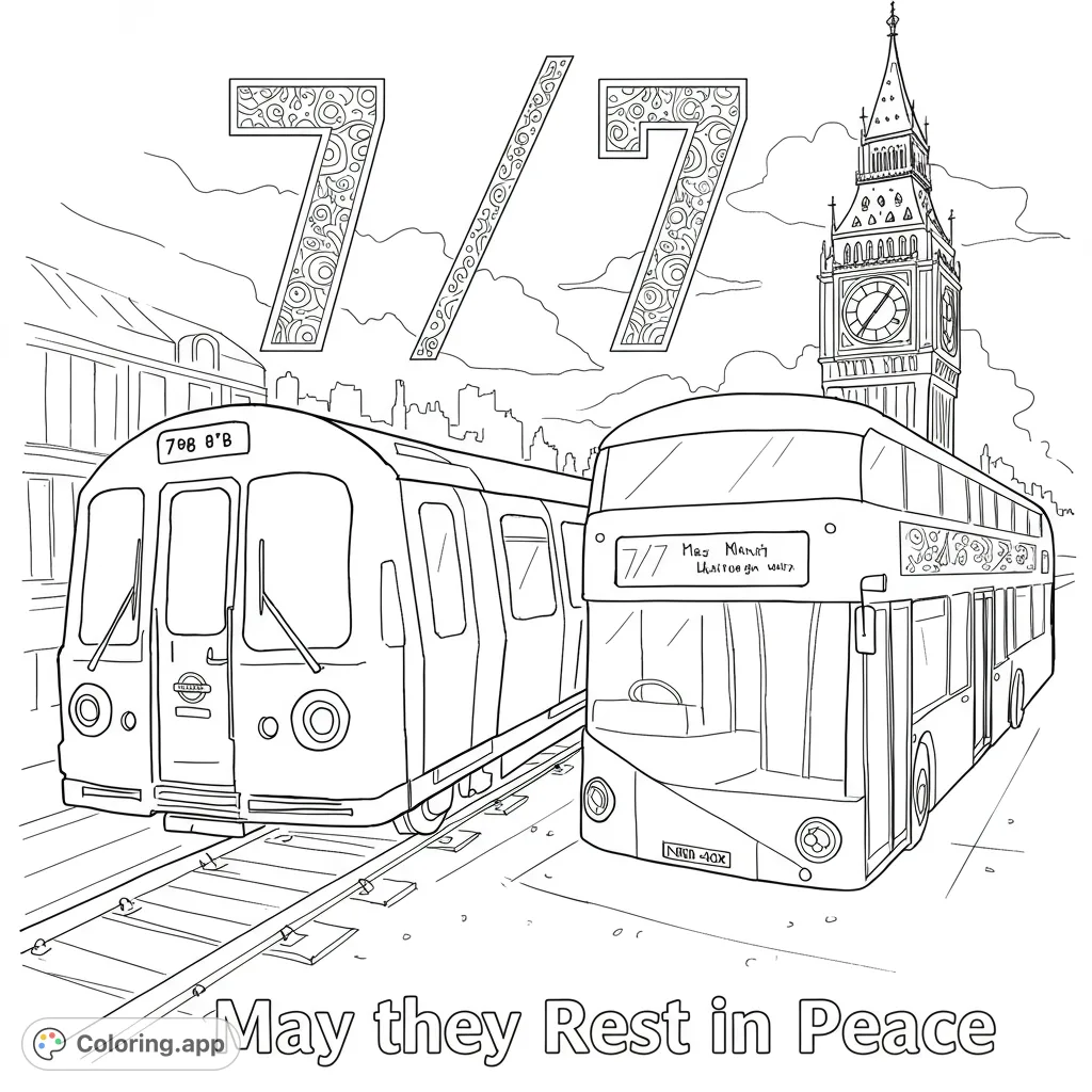 Explore London's iconic transport and landmarks in this detailed coloring page featuring a train, bus, and Big Ben. Perfect for all ages!