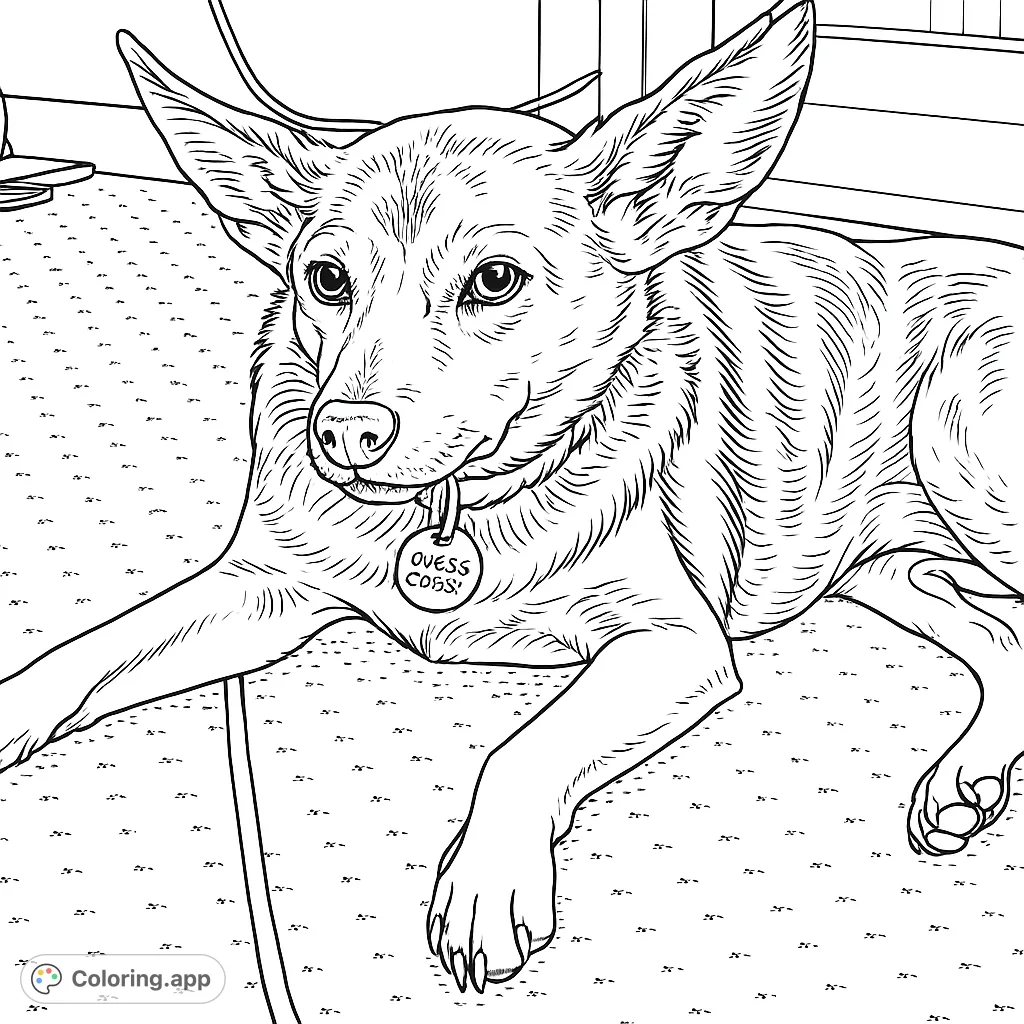 A charming dog with large, expressive ears rests on a textured carpet, featuring a detailed collar and tag. Perfect for pet lovers!