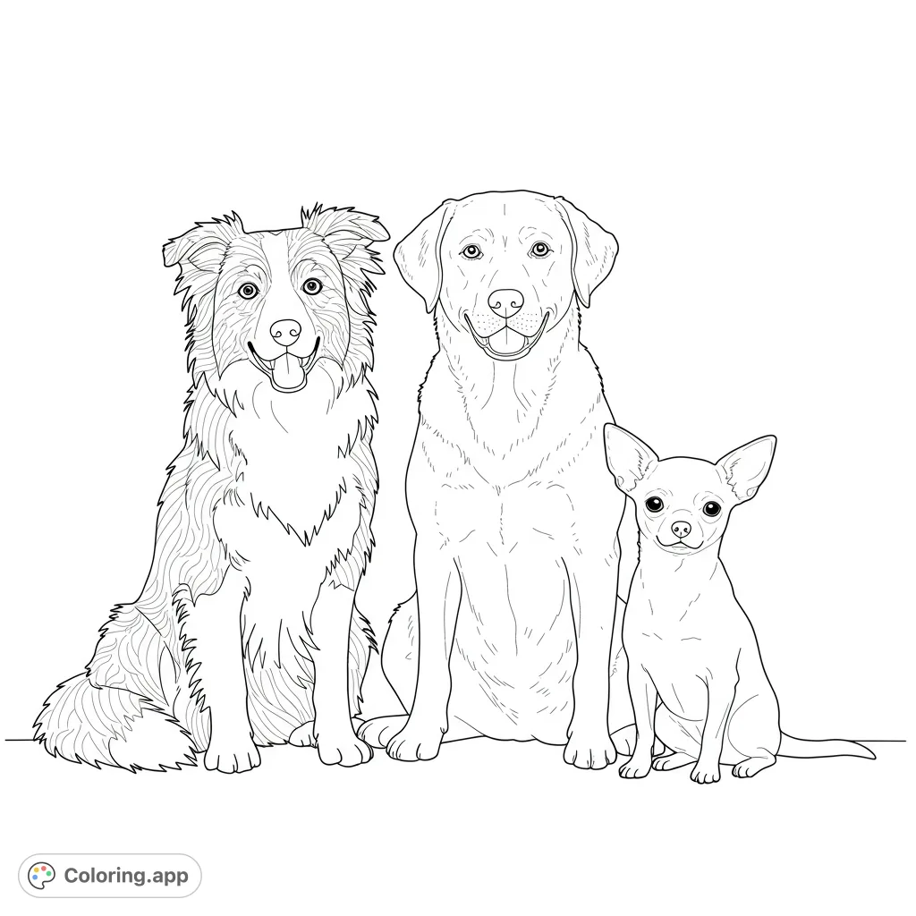 A delightful dog trio coloring page featuring a fluffy collie, a friendly lab, and a tiny chihuahua. Perfect for dog lovers of all ages!