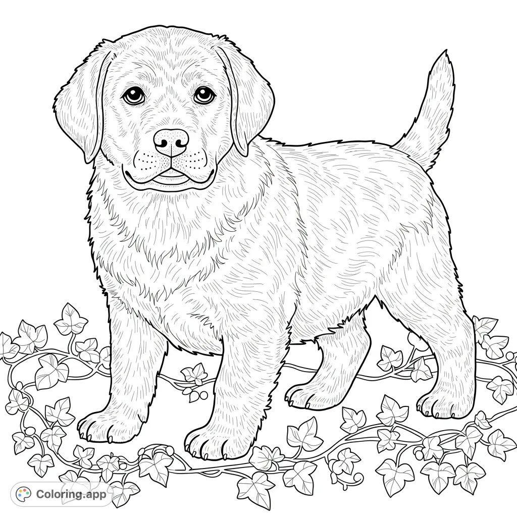 An adorable fluffy puppy stands among winding ivy vines, ready for a splash of color. Perfect for dog lovers and all ages to enjoy.