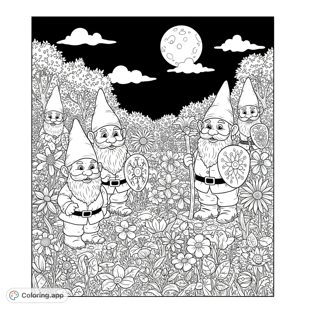 Five cheerful gnomes explore a vibrant flower field under a full moon. A whimsical free printable gnome coloring page for all ages.