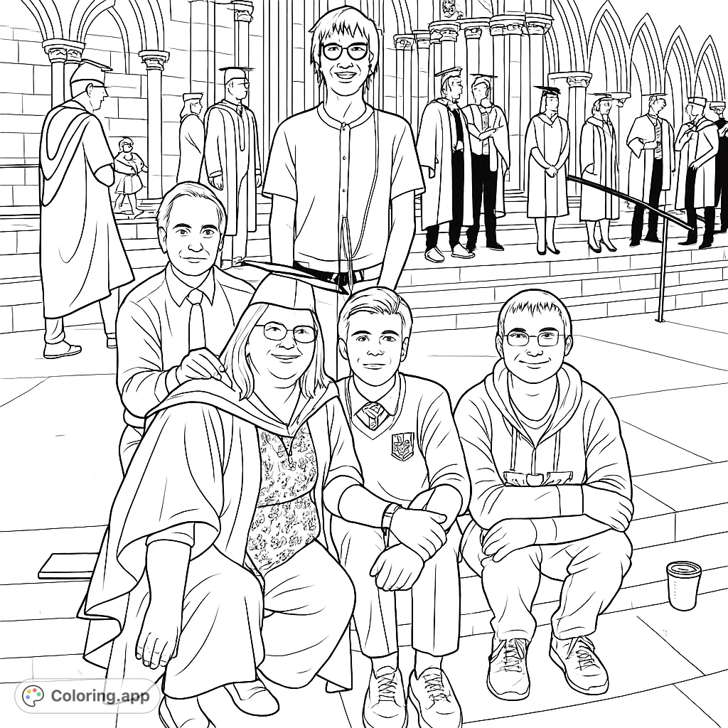 Celebrate academic success with this detailed graduation coloring page featuring students and family at a grand university setting. Free printable for all ages!