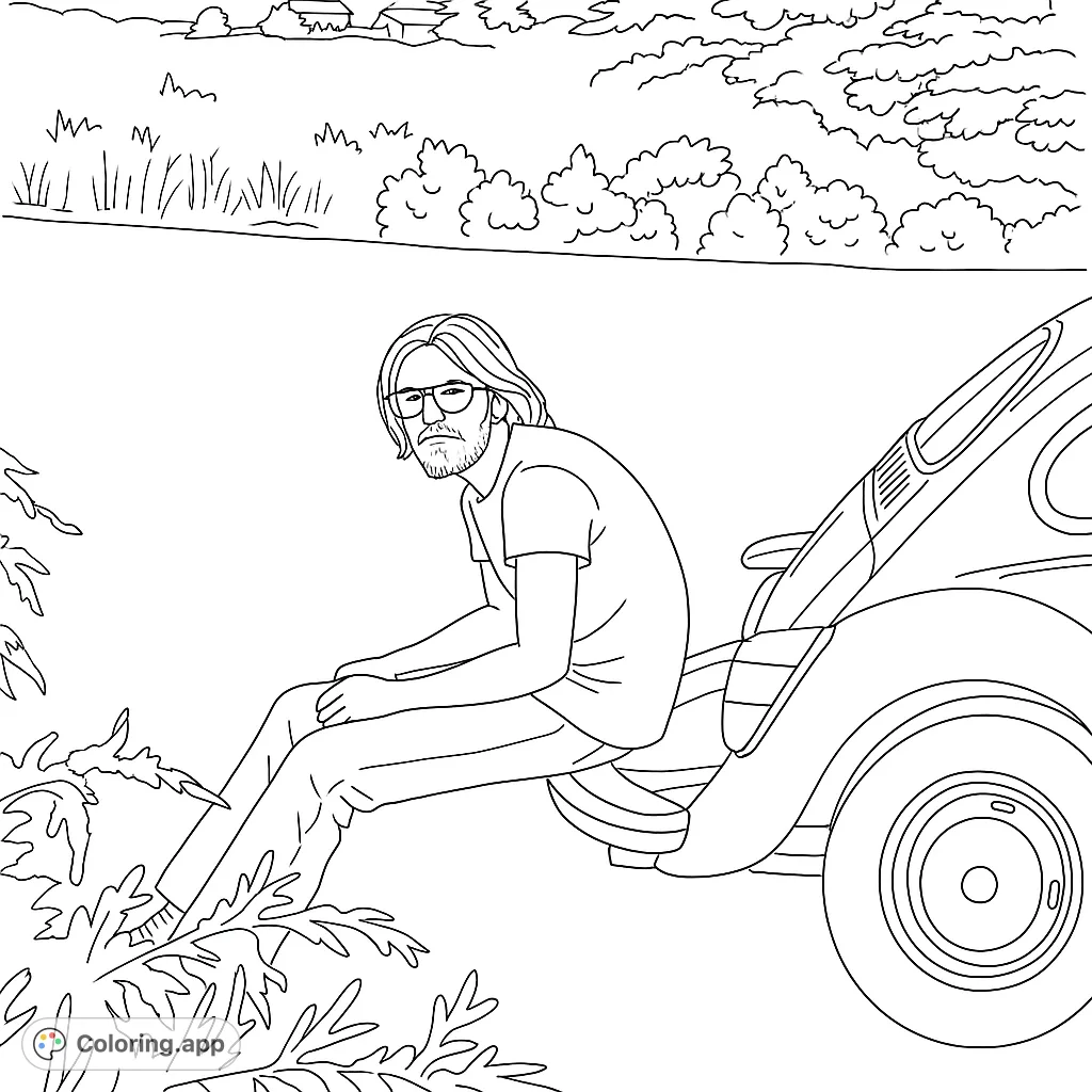 A man with long hair and glasses sits on a classic car by the roadside, surrounded by nature. A free printable classic car coloring page for adults.