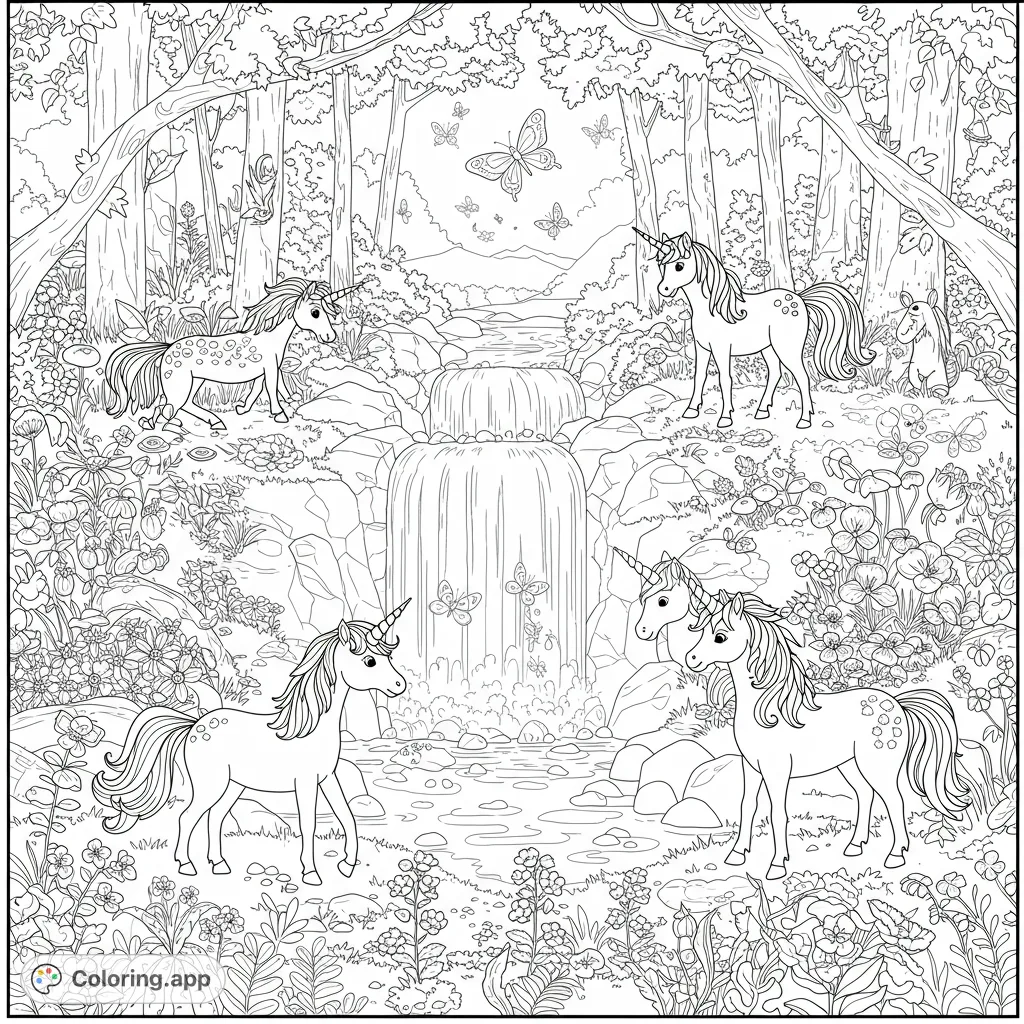 Discover four magical unicorns by a cascading waterfall in an enchanted forest. A whimsical scene filled with flowers, butterflies, and natural beauty, perfect for coloring.