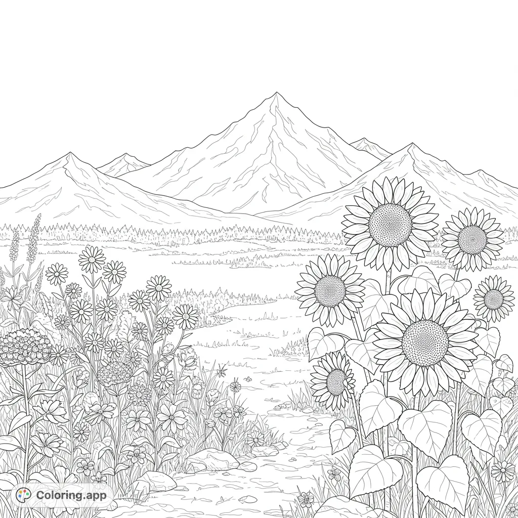 A beautiful mountain landscape coloring page featuring a field of sunflowers and wildflowers, perfect for nature lovers and relaxation.