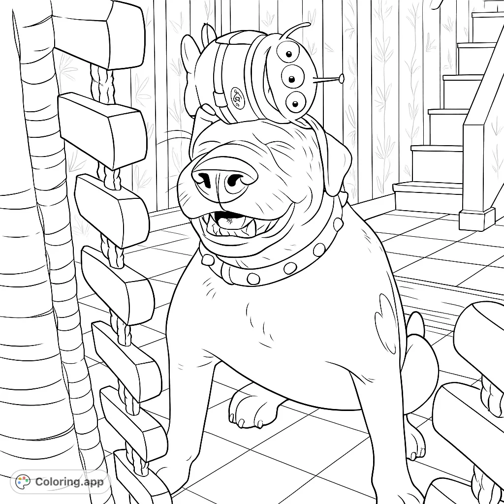 A cheerful dog with a quirky alien toy on its head, sitting happily in a detailed indoor setting, perfect for a fun coloring adventure.