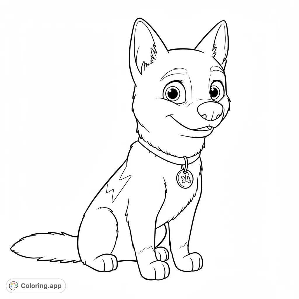 A charming cartoon dog coloring page featuring a friendly, sitting puppy with a collar and lightning bolt mark. Perfect for kids and dog lovers!
