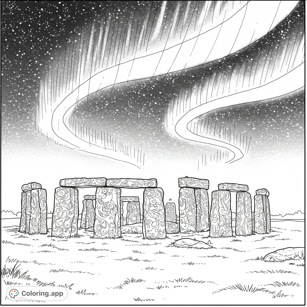 An enchanting Stonehenge coloring page under a starry sky with flowing aurora borealis. Free printable for all ages.
