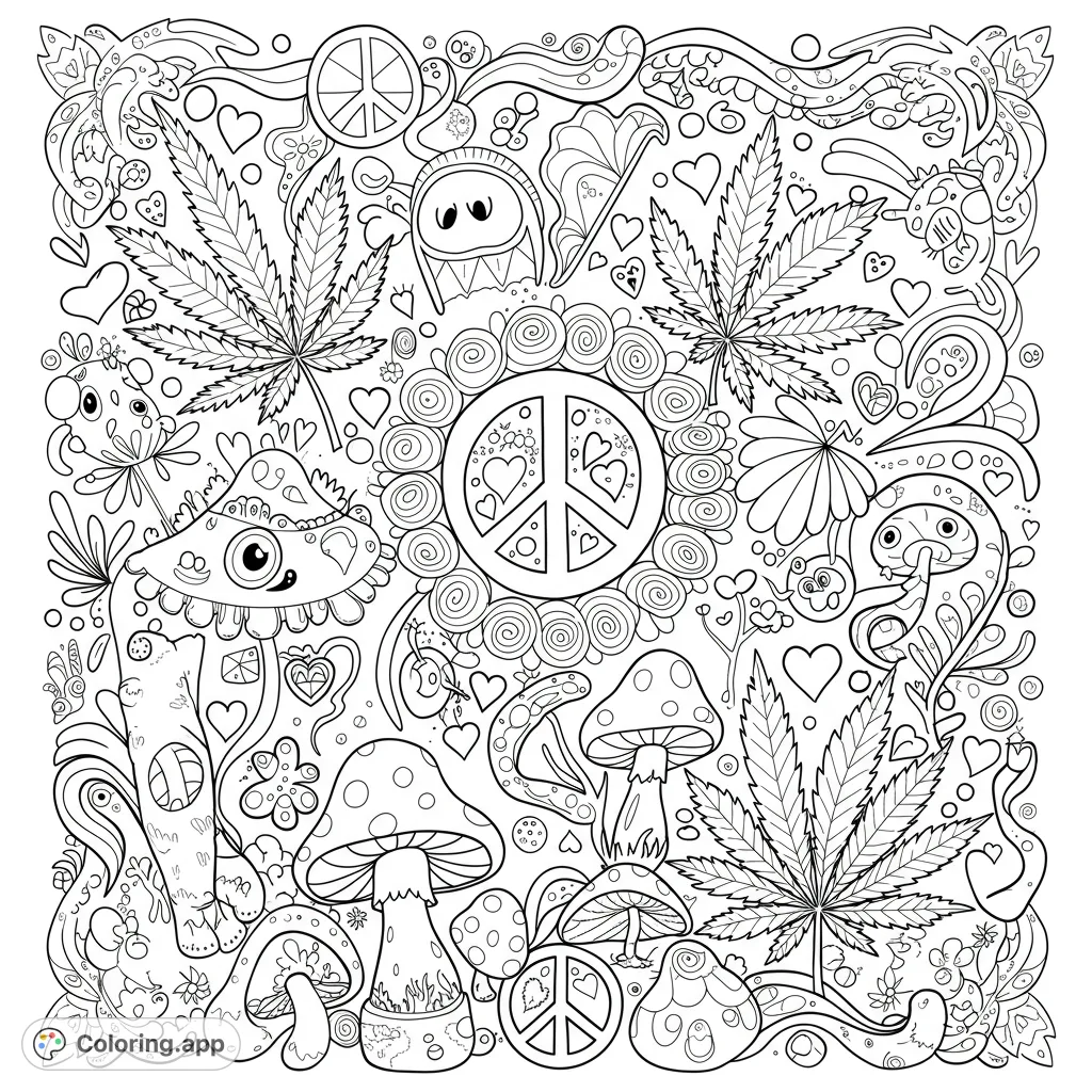 Dive into a groovy psychedelic coloring page featuring intricate peace signs, whimsical mushrooms, and cannabis leaves amidst swirling patterns and hearts.