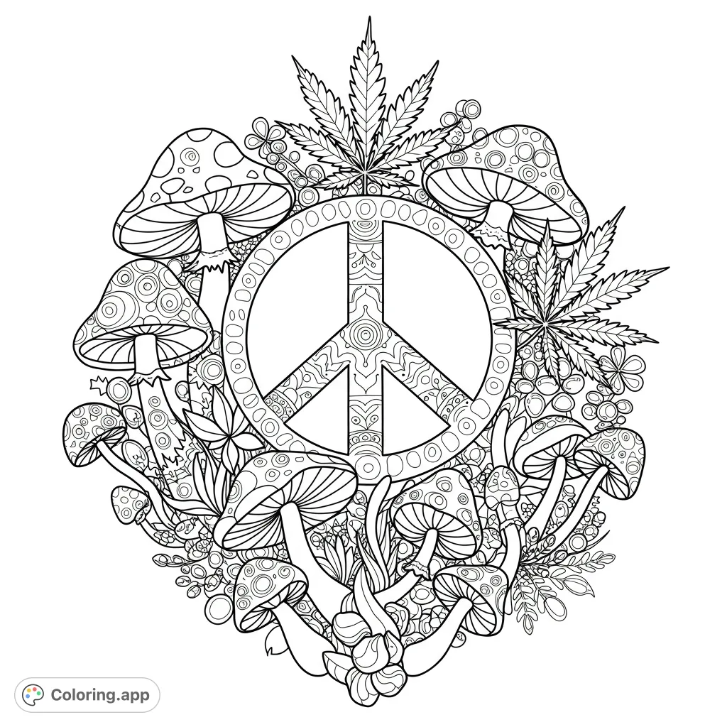 An intricate hippie-themed coloring page featuring a detailed peace sign surrounded by patterned mushrooms and cannabis leaves, perfect for a psychedelic journey.