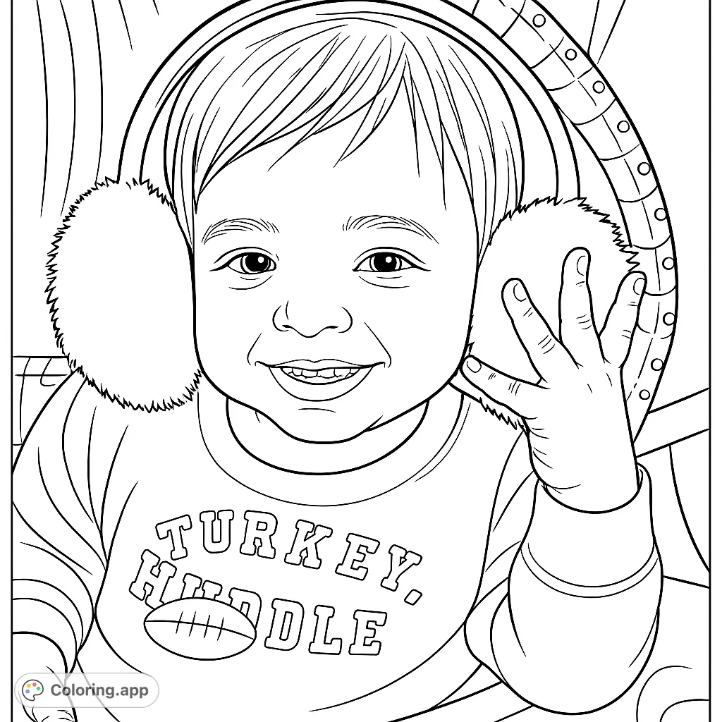 A joyful toddler in cozy earmuffs, smiling brightly. A delightful free printable coloring page for kids, perfect for winter fun.