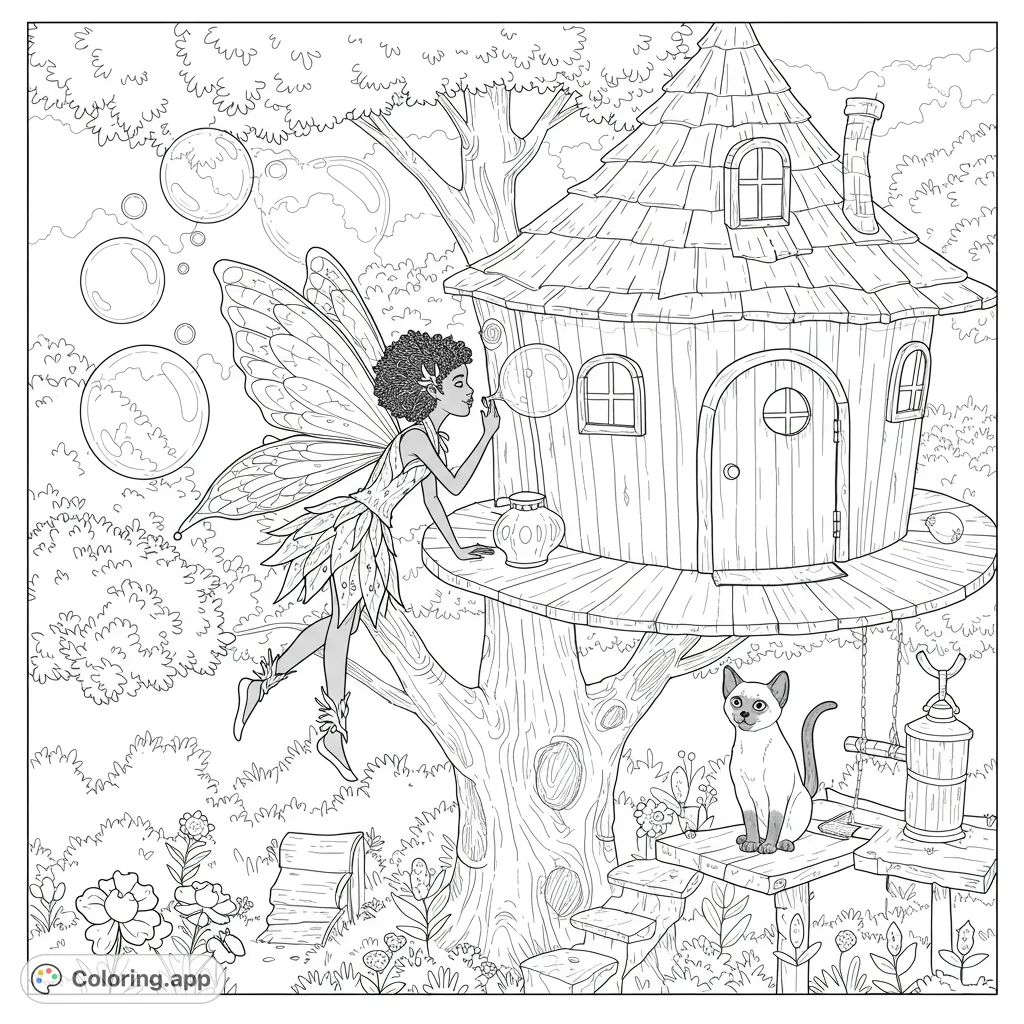 A magical fairy blows bubbles by her charming treehouse, watched by a curious cat. A whimsical scene for creative coloring fun.