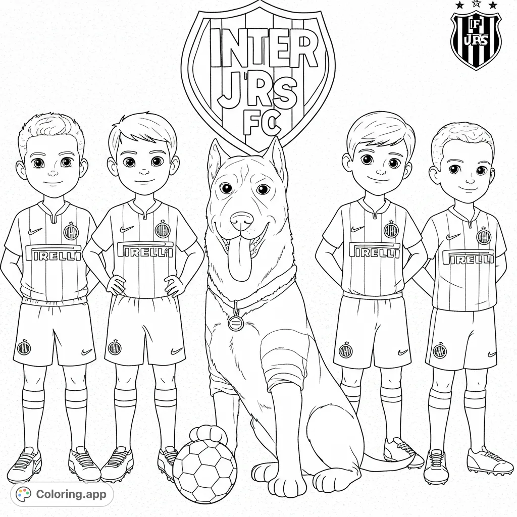 Four young soccer players and their loyal dog mascot, ready for action. A fun, free printable soccer team coloring page for kids and adults.