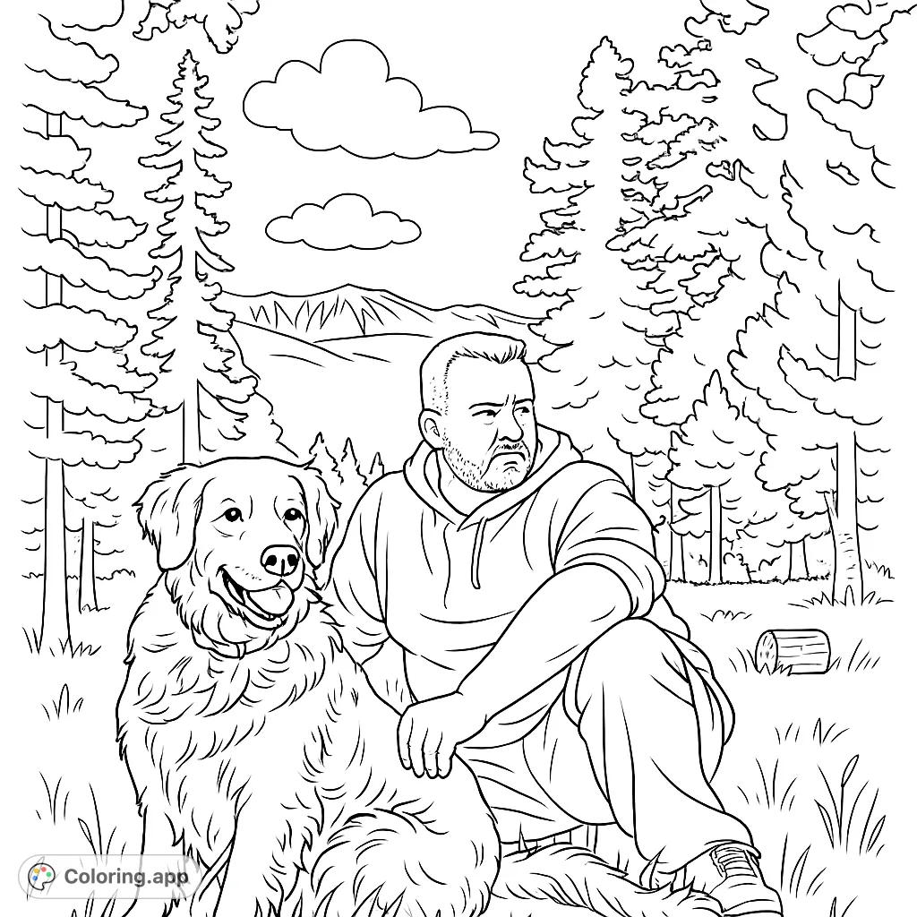 A man and his loyal dog in a serene forest setting, ready for a nature-themed coloring adventure. Perfect for all ages.