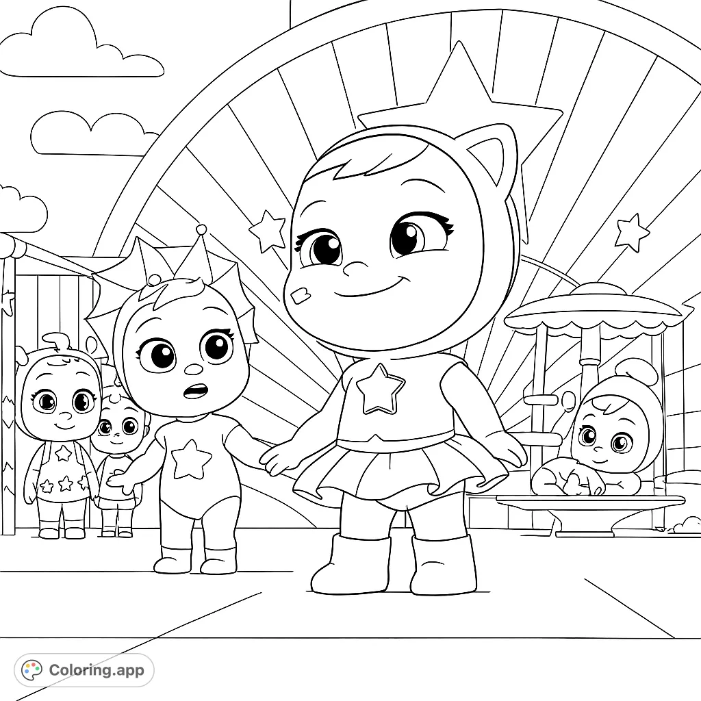 An adorable group of doll-like characters performing on a stage with a striped backdrop, perfect for young fans to color and enjoy.