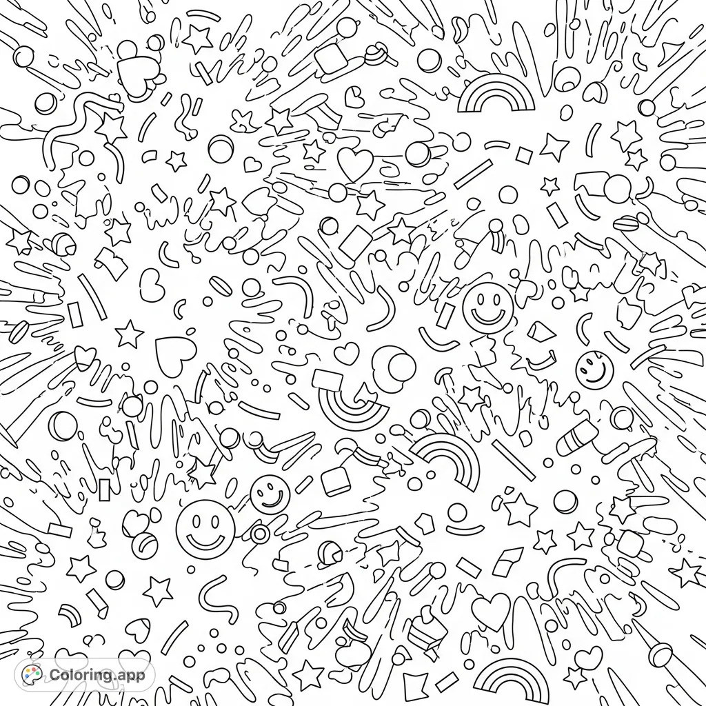An energetic abstract coloring page featuring dynamic splatters filled with a playful mix of hearts, stars, circles, and other confetti shapes.
