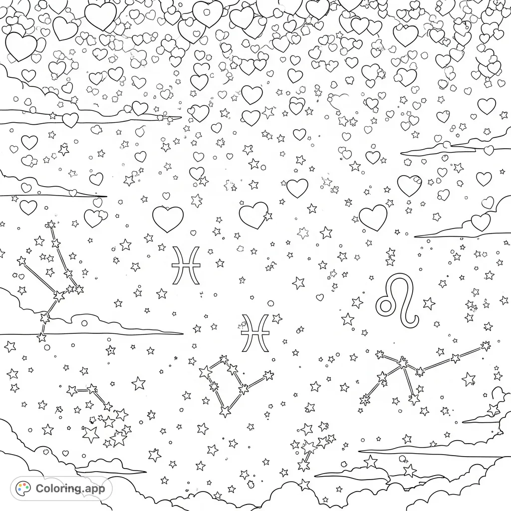 Explore a magical night sky coloring page featuring the Pisces and Leo constellations amidst a whimsical shower of hearts. Perfect for all ages!