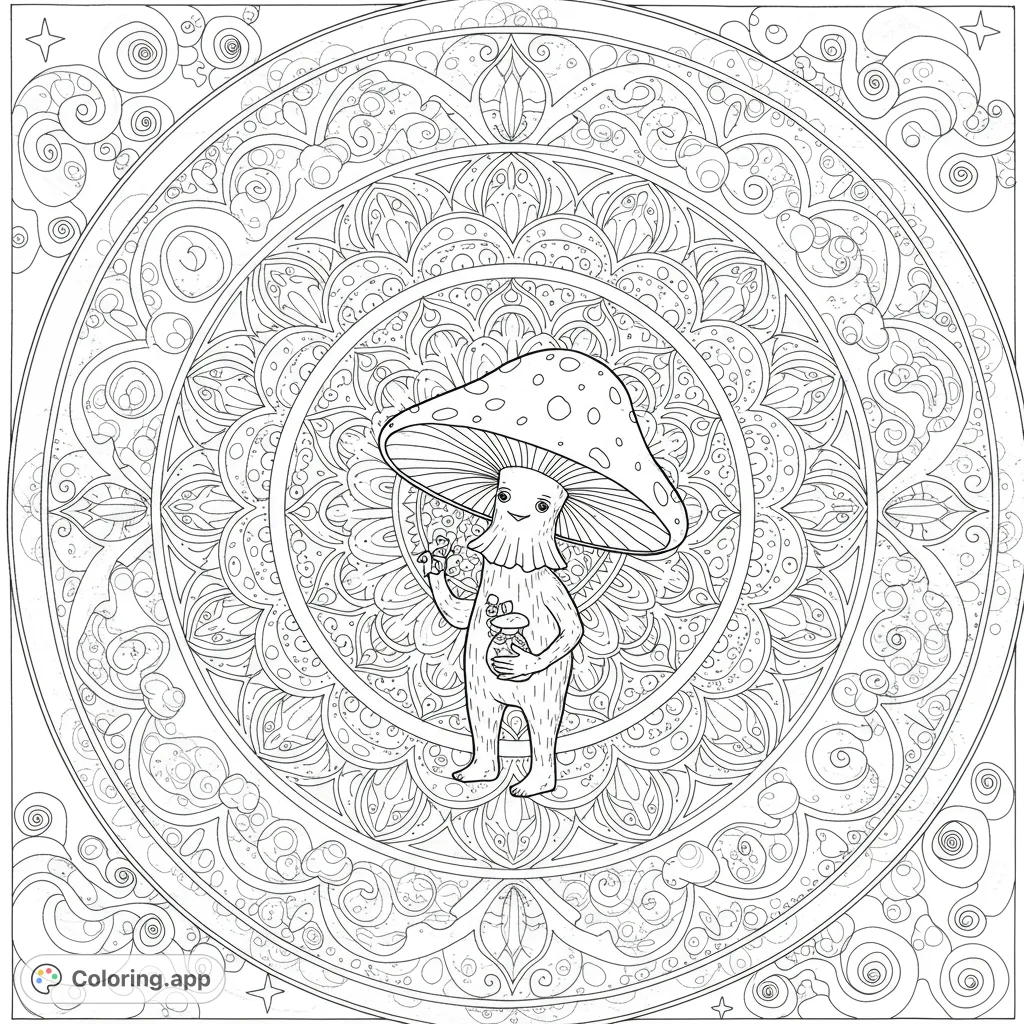 Explore a detailed mandala with abstract clouds, stars, and a whimsical mushroom figure. A complex design for mindful coloring and creative expression.