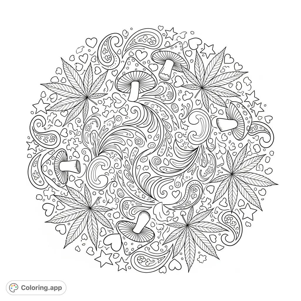 Dive into a mesmerizing cosmic swirl featuring mushrooms, pot leafs, paisleys, hearts, and stars. An intricate design for a truly unique coloring experience.