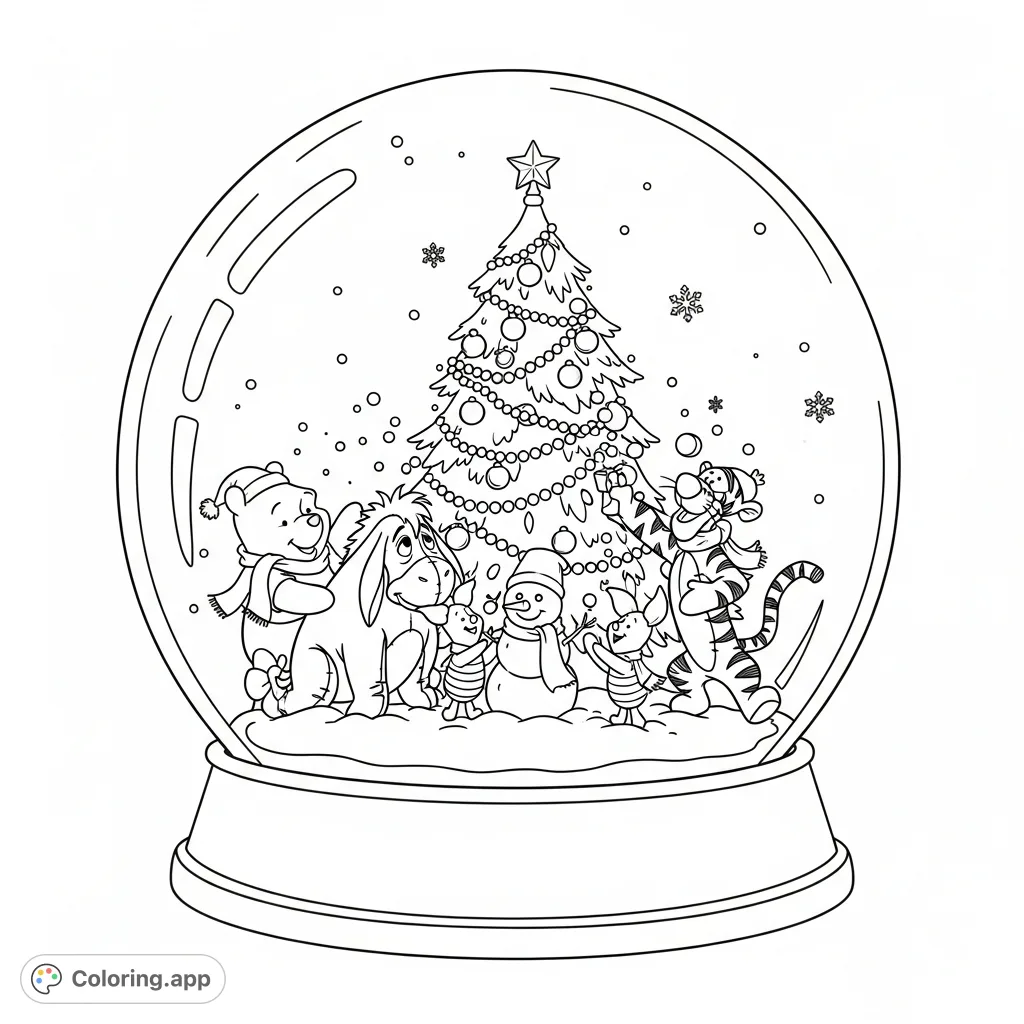 Step into a charming Hundred Acre Wood winter wonderland! Eeyore, Winnie the Pooh, Piglet, and Tigger play inside a festive snow globe with a decorated Christmas tree.