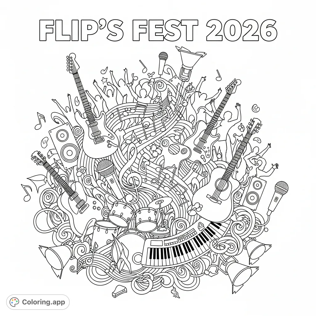 Celebrate music with the Flip's Fest 2026 coloring page. Features bold text and dynamic illustrations of instruments, notes, and festive crowds.