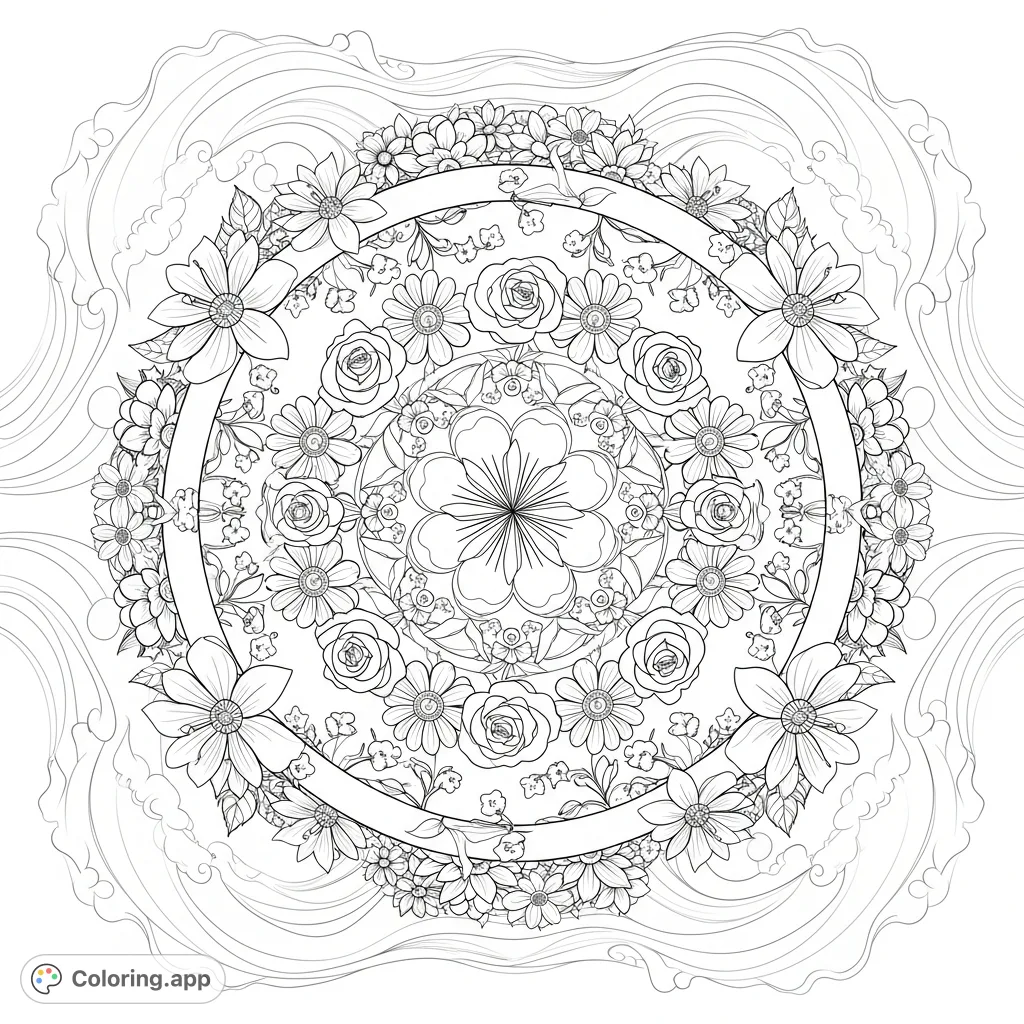 Discover a beautiful floral mandala coloring page with intricate flowers and dynamic swirling clouds, perfect for relaxation and creative expression.