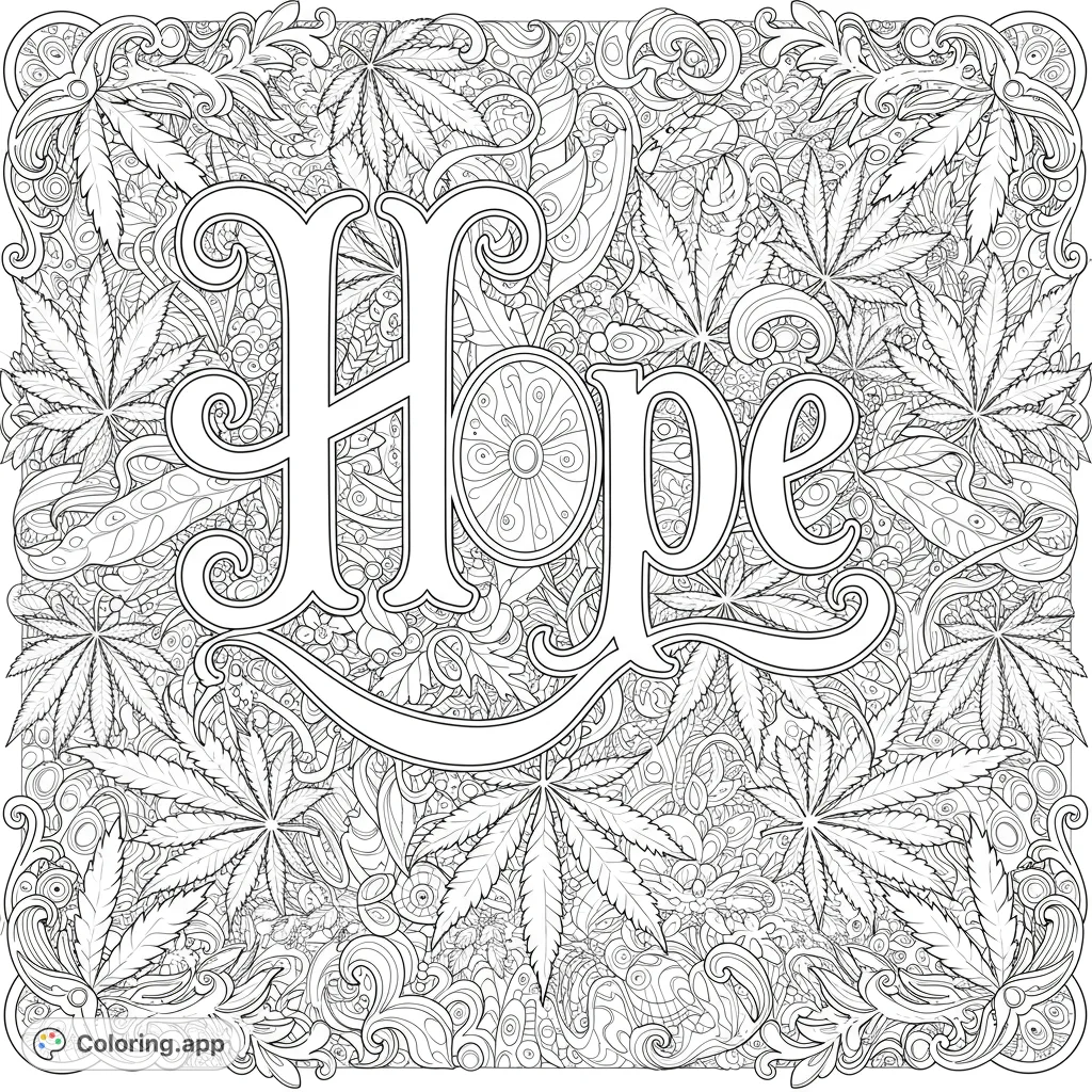 Intricate 'Hope' lettering surrounded by detailed cannabis leaves and swirling patterns, perfect for mindful coloring and relaxation.