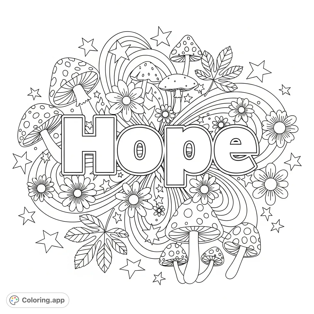 A cheerful coloring page featuring the bold word 'Hope' surrounded by flowing swirls, stars, a variety of flowers, detailed leaves, and whimsical mushrooms for creative expression.