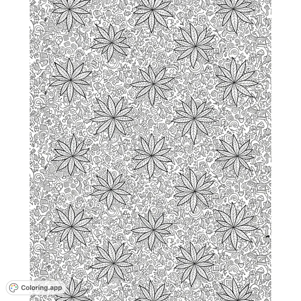 Dive into a world of intricate cannabis leaves and psychedelic patterns. This adult coloring page offers a detailed, 'trippie' escape for creative minds.