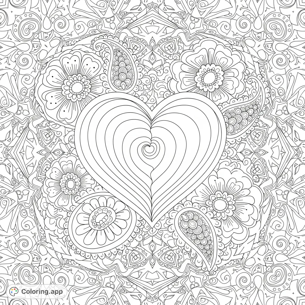 Intricate kaleidoscope patterns and elegant paisley flowers intertwine around a central swirly heart, offering a detailed and mesmerizing coloring experience.