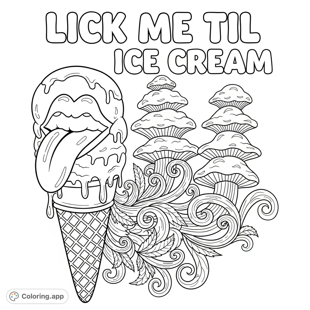 Bold "LICK ME TIL ICE CREAM" text, a playful ice cream cone with a tongue, and cannabis-inspired swirls transforming into stylized mushroom clouds. A unique adult coloring page.