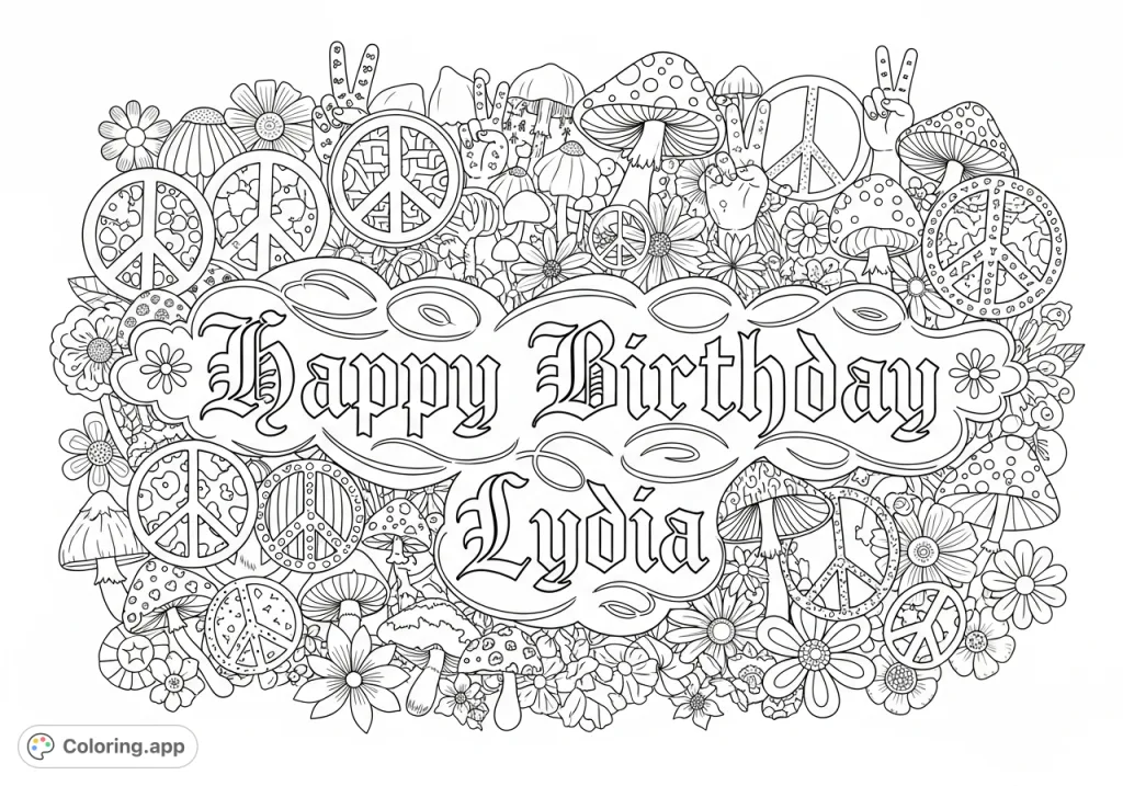 Celebrate with a unique Happy Birthday Lydia coloring page featuring ornate Old English script amidst a delightful medley of whimsical peace signs, flowers, and mushrooms.