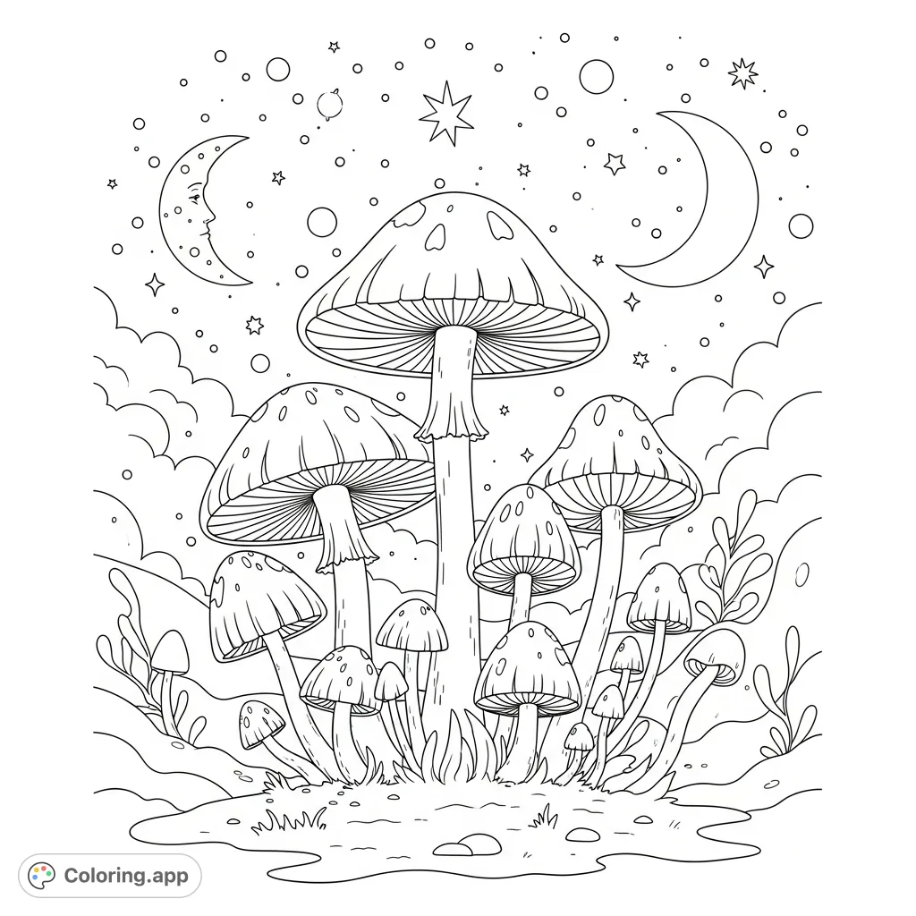 Discover a magical mushroom coloring page under a captivating starry night sky, featuring whimsical fungi and celestial wonders for creative expression.