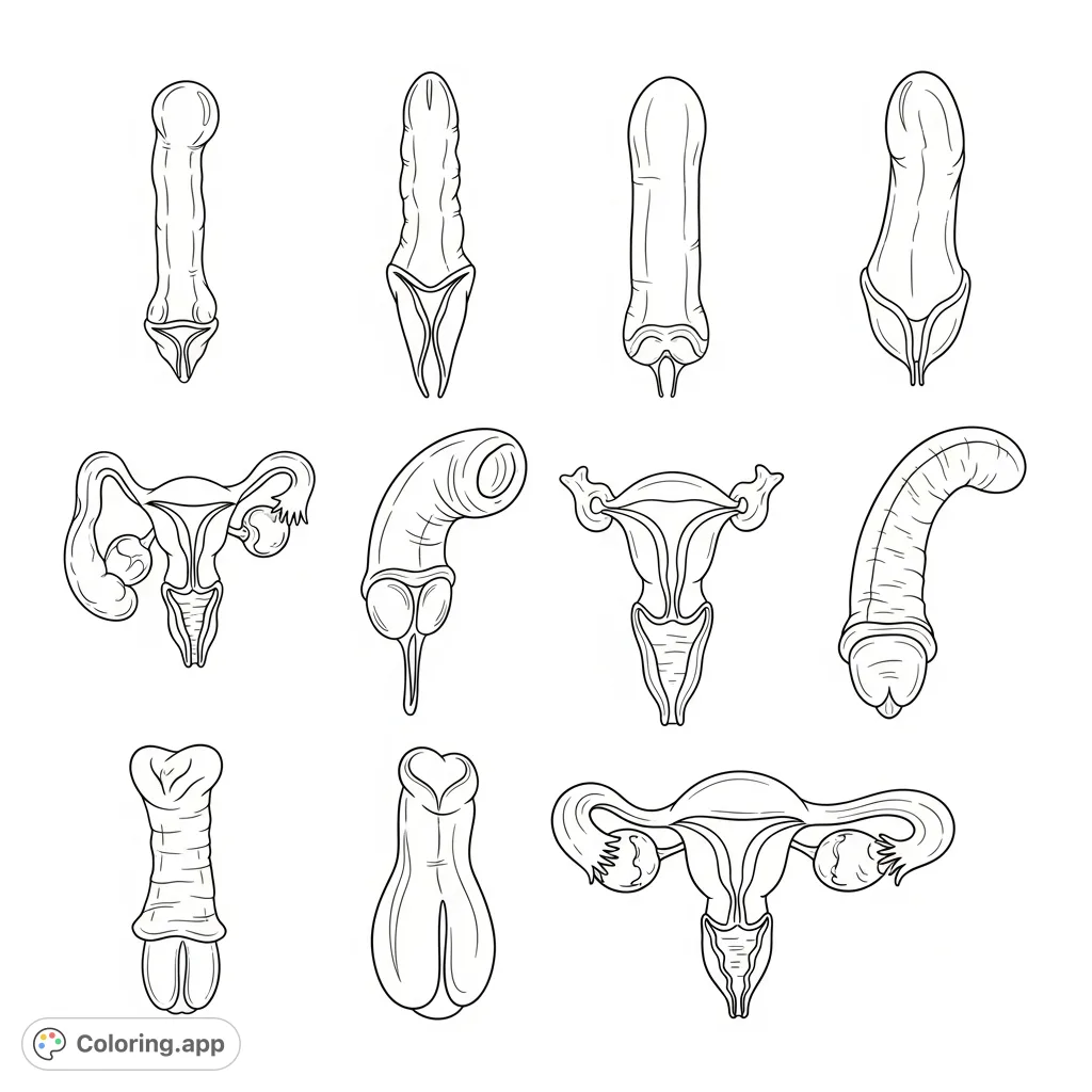 Explore nine distinct forms of male anatomy in this unique adult coloring page. A detailed study of penile variations, offering a fascinating and expressive creative outlet.
